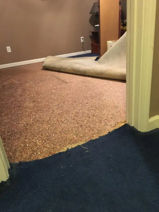 Carpet pad removal revealing water damage during Drying & Dehumidification in Dos Palos